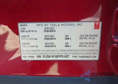 2014 Tesla Model S P85 из США, поврежденный, VIN 5YJSA1H16EFP51427